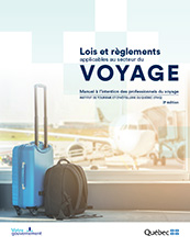 Page couverture du manuel d’études Lois et règlements applicables au secteur du voyage.